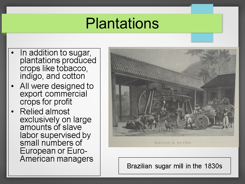 Plantations In addition to sugar, plantations produced crops like tobacco, indigo, and cotton All